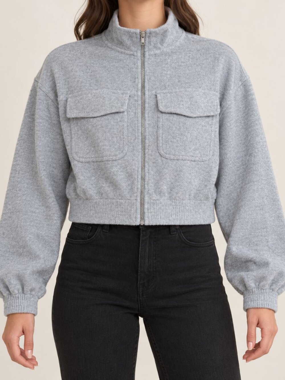 Aerie Women's Medium Gray Ribbed Knit Cropped Full Zip Sweater Jacket Pockets